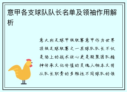 意甲各支球队队长名单及领袖作用解析