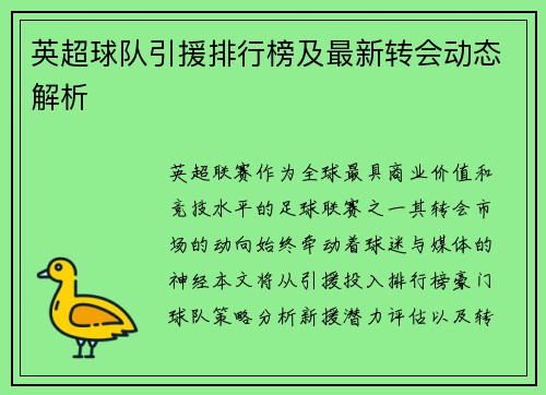 英超球队引援排行榜及最新转会动态解析